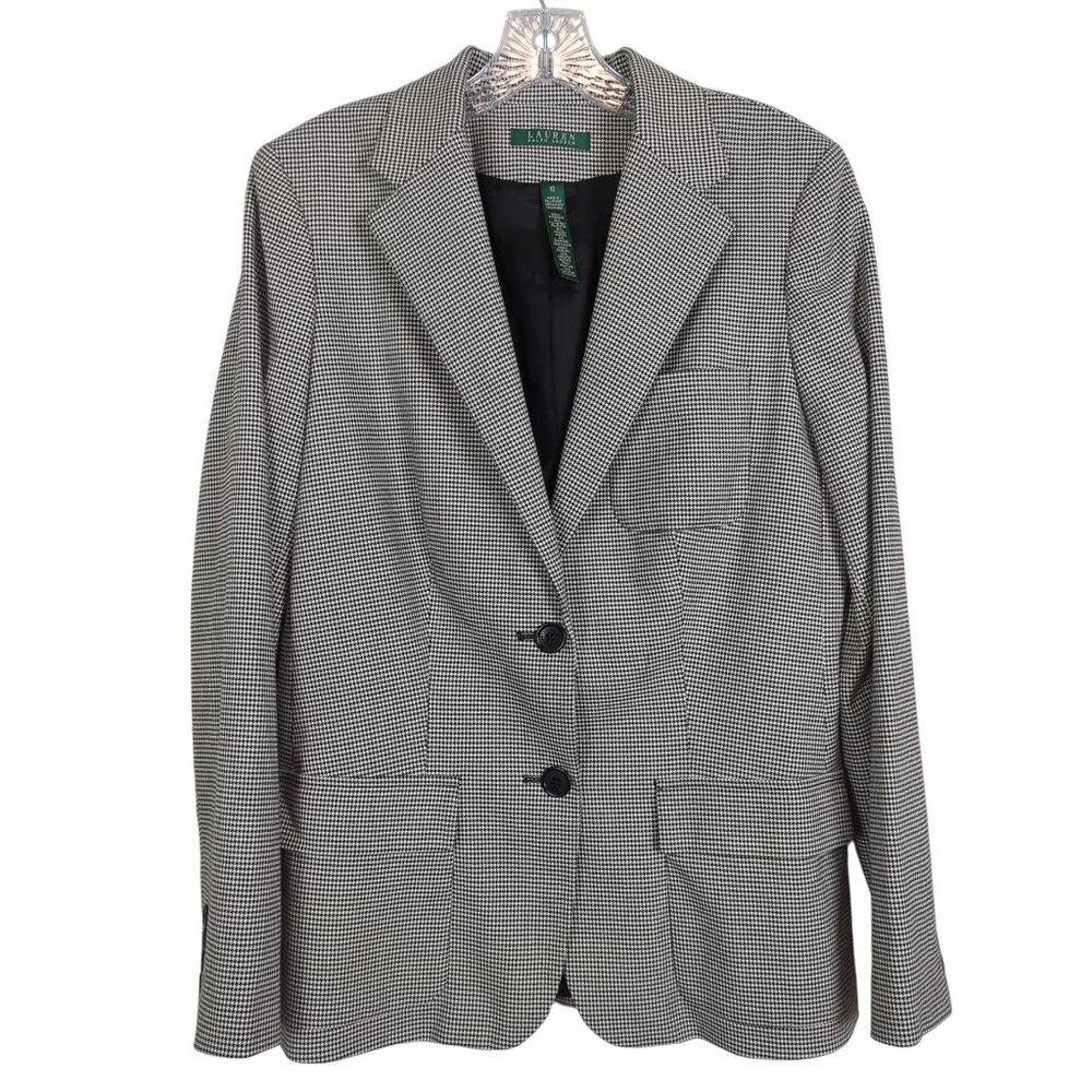 Lauren Ralph Lauren‎ Womens Houndstooth Blazer Jacket Black White 2-Button sz 10